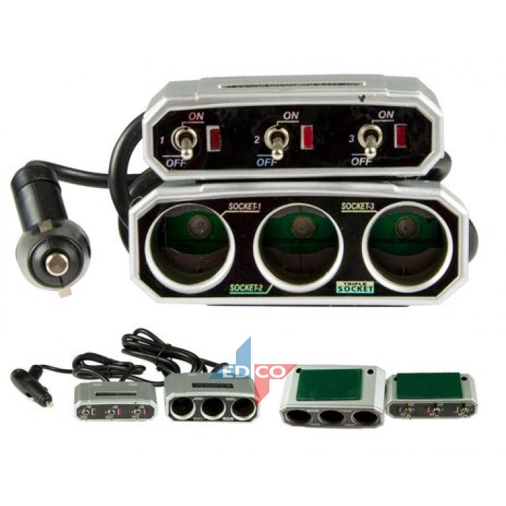 Cigg socket 3 power strip,incl. On / Off Buttons 12-24V