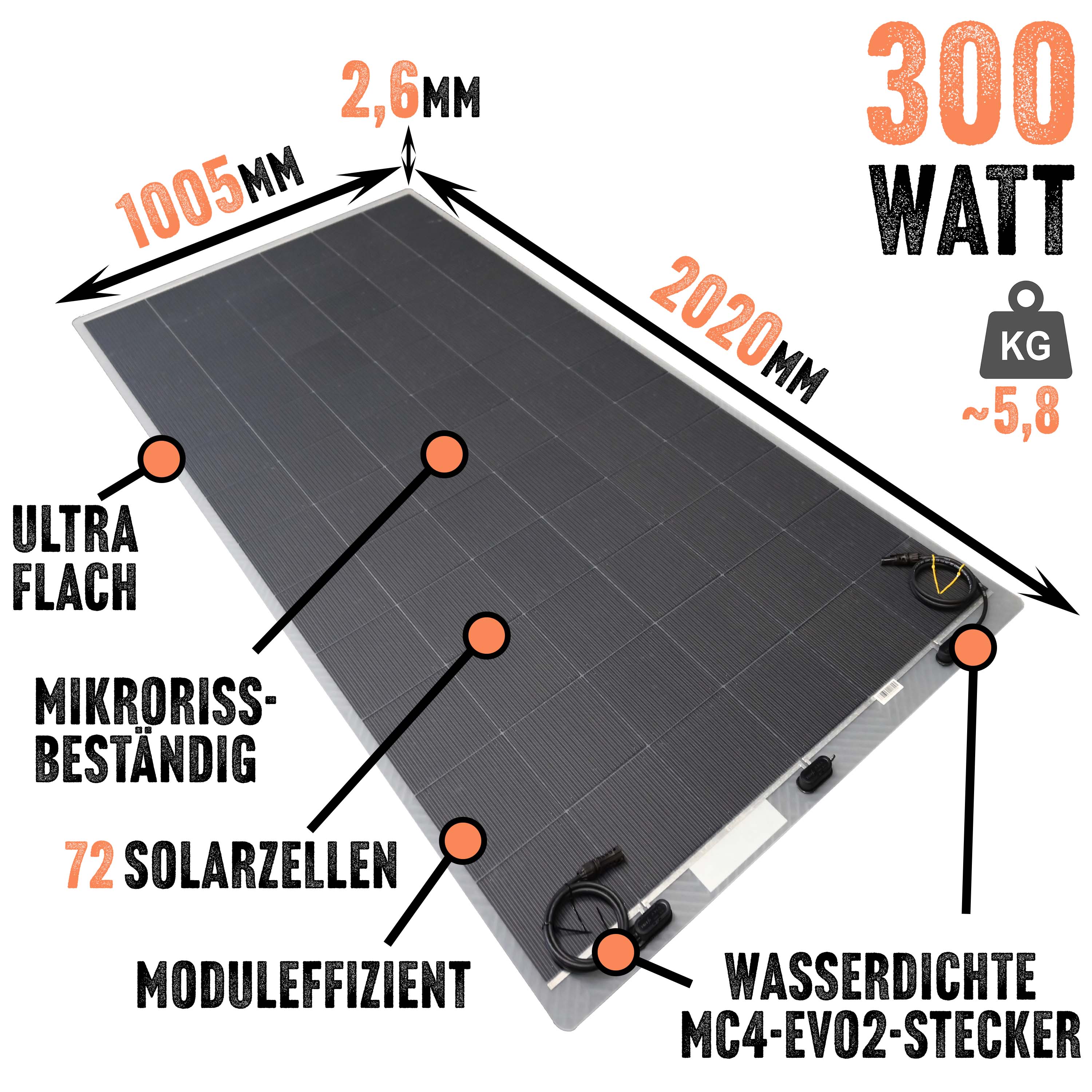 Flexibles Solarpanel "Panda" für Alu-Cab Dachzelte, Hubdächer & Camper - 300W, transparent